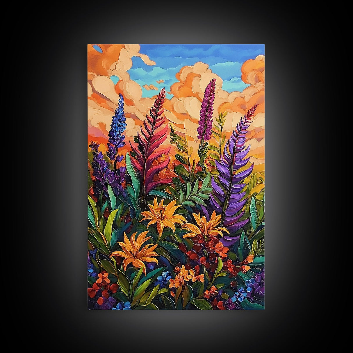 Vibrant Autumn, Blooms, Landscape, Framed Canvas Print, Bright Wildflower Artwork, Living Room Wall Art, Colorful Fall Floral Boho Painting