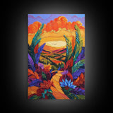 Bold Sunset, Path, Feathers, Canvas Print, Autumn Wall Art, Boho Nature Decor, Warm Colorful Hallway Art, Eclectic Landscape Painting