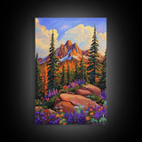 Mountain Forest, Wildflowers, Scenic, Framed Canvas Print, Nature Lover Gift, Cabin Decor, Rustic Living Room Art, Woodland Landscape