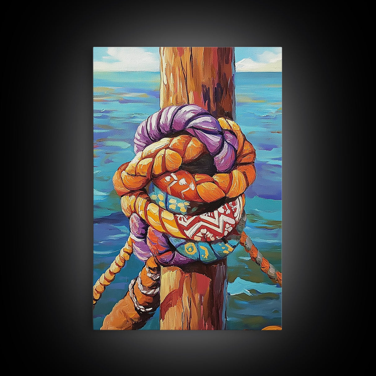 Nautical Knot, Dock, Ocean, Framed Canvas Print, Coastal Wall Art, Beach House Decor, Colorful Seaside Painting, Boat Lover Gift