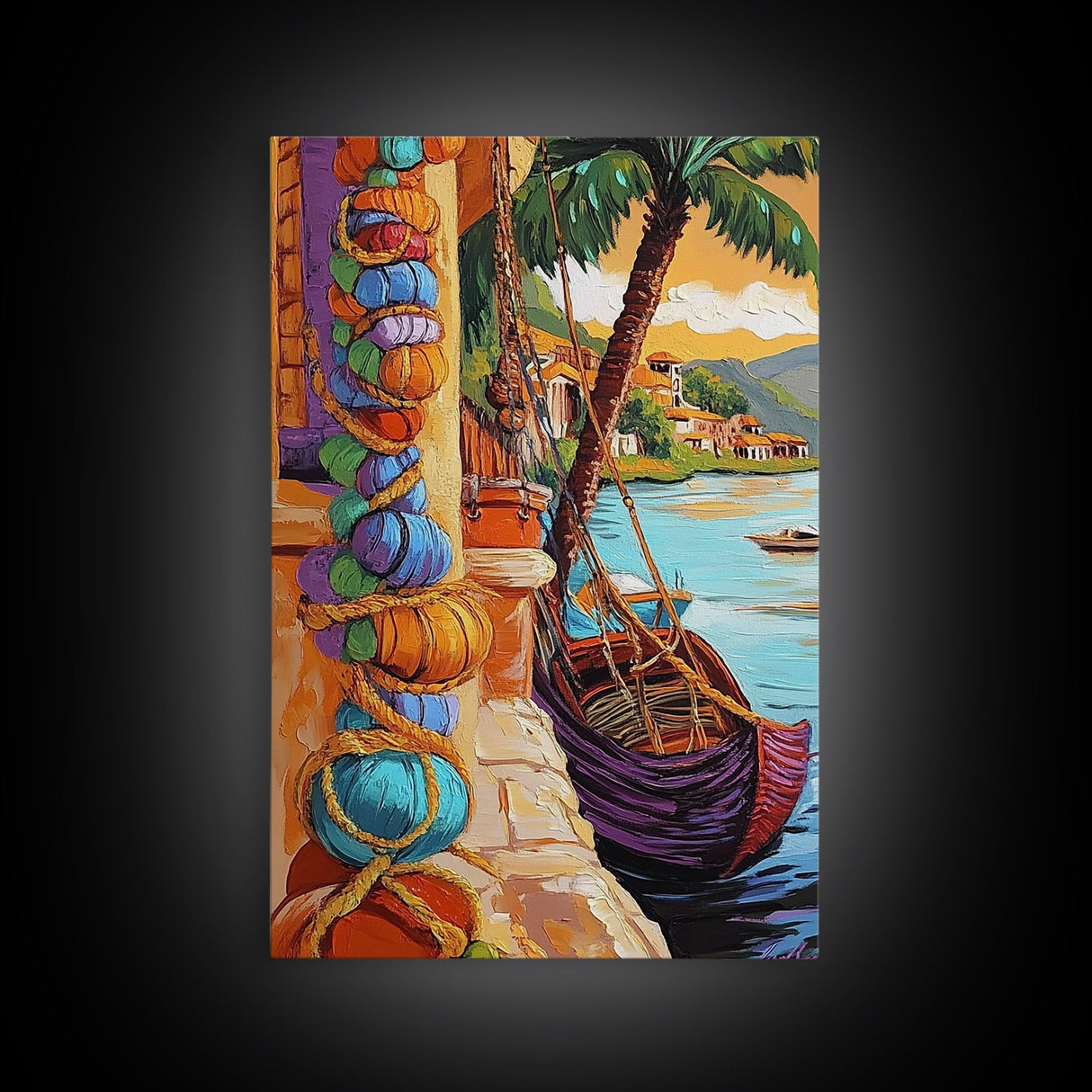 Tropical Boat, Village, Shoreline, Canvas Print, Coastal Wall Art, Vibrant Travel Scene, Boho Seaside Decor, Beach House Painting