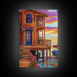 Tropical Sunset, House, Dock, Framed Canvas Print vibrant coastal house wall art, beach wall decor, sunset painting, tropical room decor