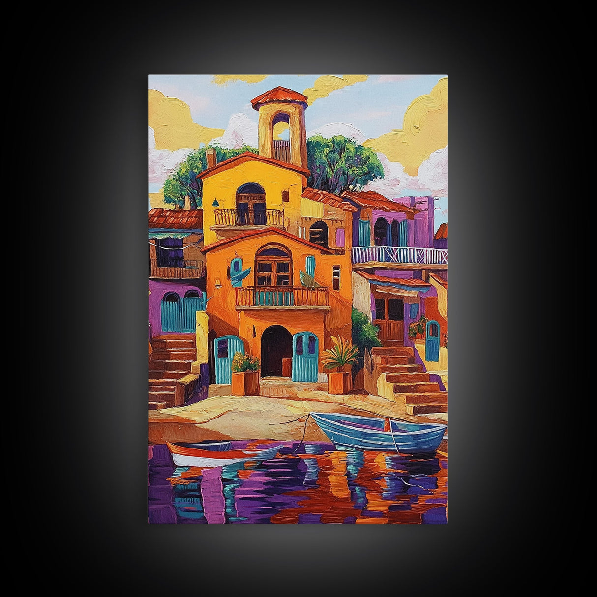 Village Boats, Reflections, Summer, Framed Canvas Print, coastal village wall art, Mediterranean canvas, kitchen decor, nautical rustic home