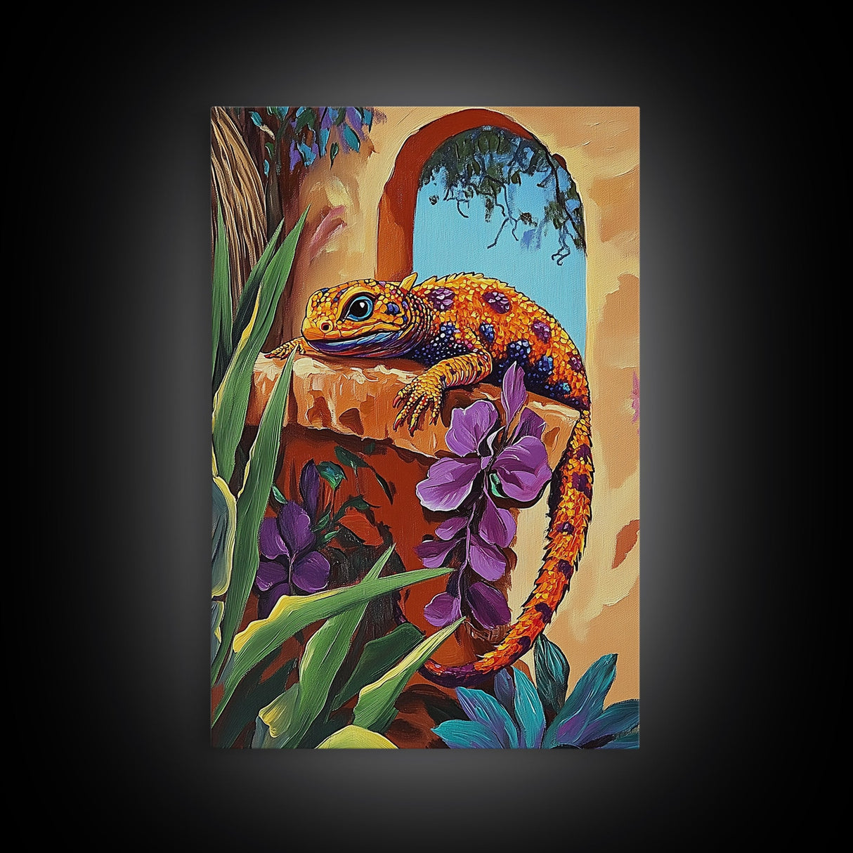 Gecko Tropical, Garden, Framed Canvas Print, Colorful Lizard Art, Desert Wall Decor, Nature Inspired Boho Art, Bathroom art,  Patio Wall Art