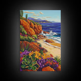 Ocean Cactus, Sunset, Framed Canvas Print, Southwest Coastal Art, Desert Beach Wall Decor, Colorful Nature Scene, Bathroom Wall Art