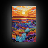 Sunset Ocean, Waves, Framed Canvas Print, Vibrant Abstract Seascape Wall Art, Colorful Ocean Decor, Living Room Statement Art