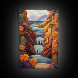 Waterfall Cliffs, Ocean, Framed Canvas Print, Tropical Canyon Wall Art, Colorful Nature Inspired Decor, Bathroom art, Entryway Wall Art
