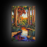 Forest Creek, Autumn, Framed Canvas Print, Tranquil Fall Landscape Wall Art, Vibrant Nature Decor, Woodland Boho Style, Bedroom Wall Art