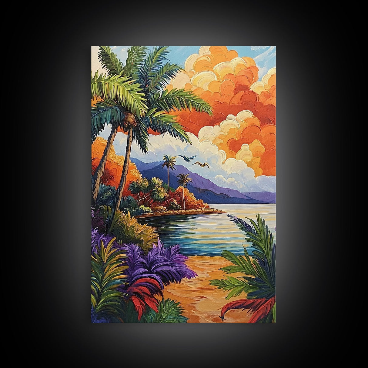 Sunset Palms, Ocean, Autumn, Framed Canvas Print coastal tropical wall art, bold sunset palm decor, boho living room art, beach house vibe