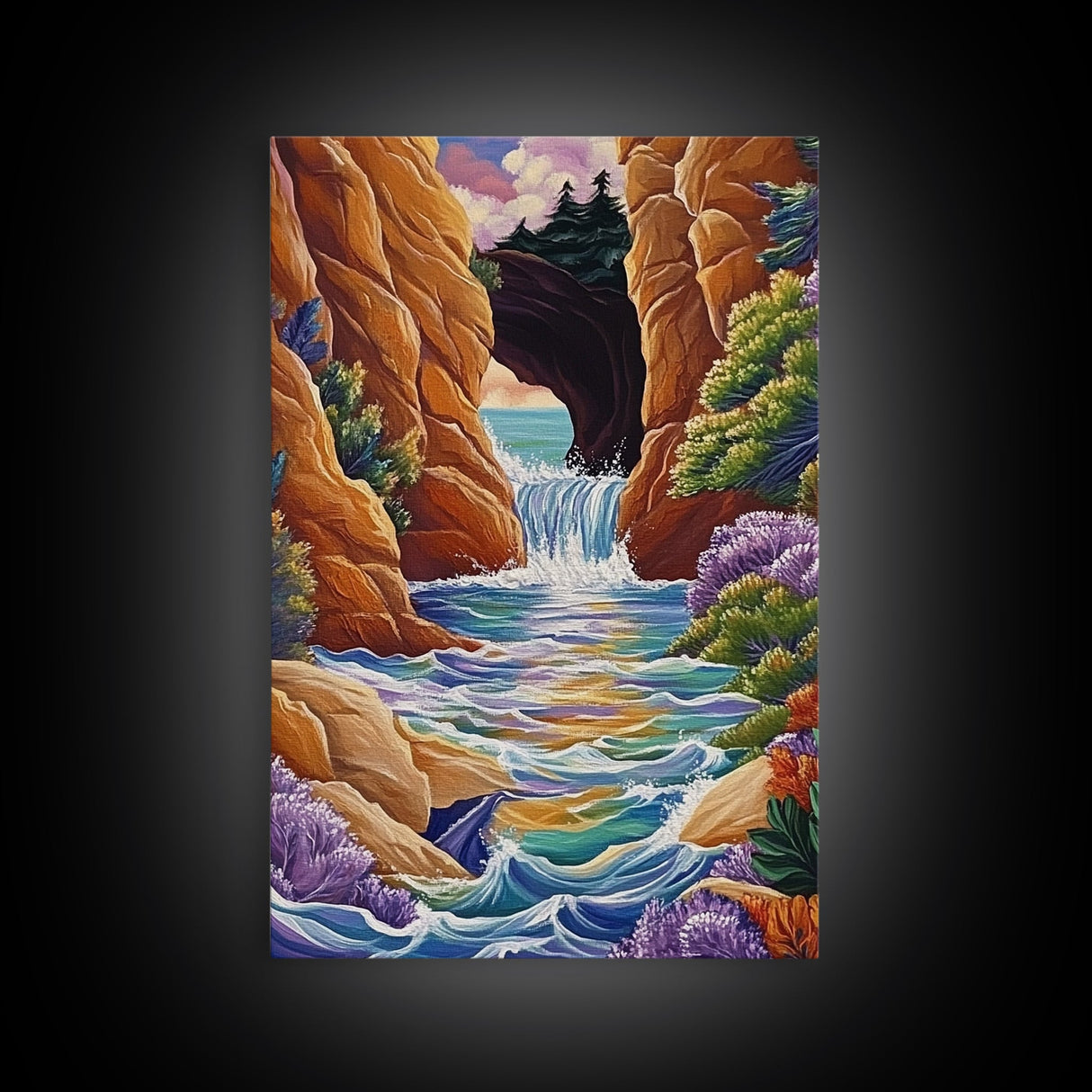 Waterfall Arch, Canyon, Coastal, Framed Canvas Print dramatic coastal waterfall painting, colorful canyon ocean view, nature boho decor