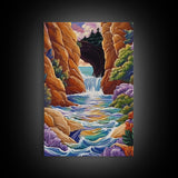 Waterfall Arch, Canyon, Coastal, Framed Canvas Print dramatic coastal waterfall painting, colorful canyon ocean view, nature boho decor
