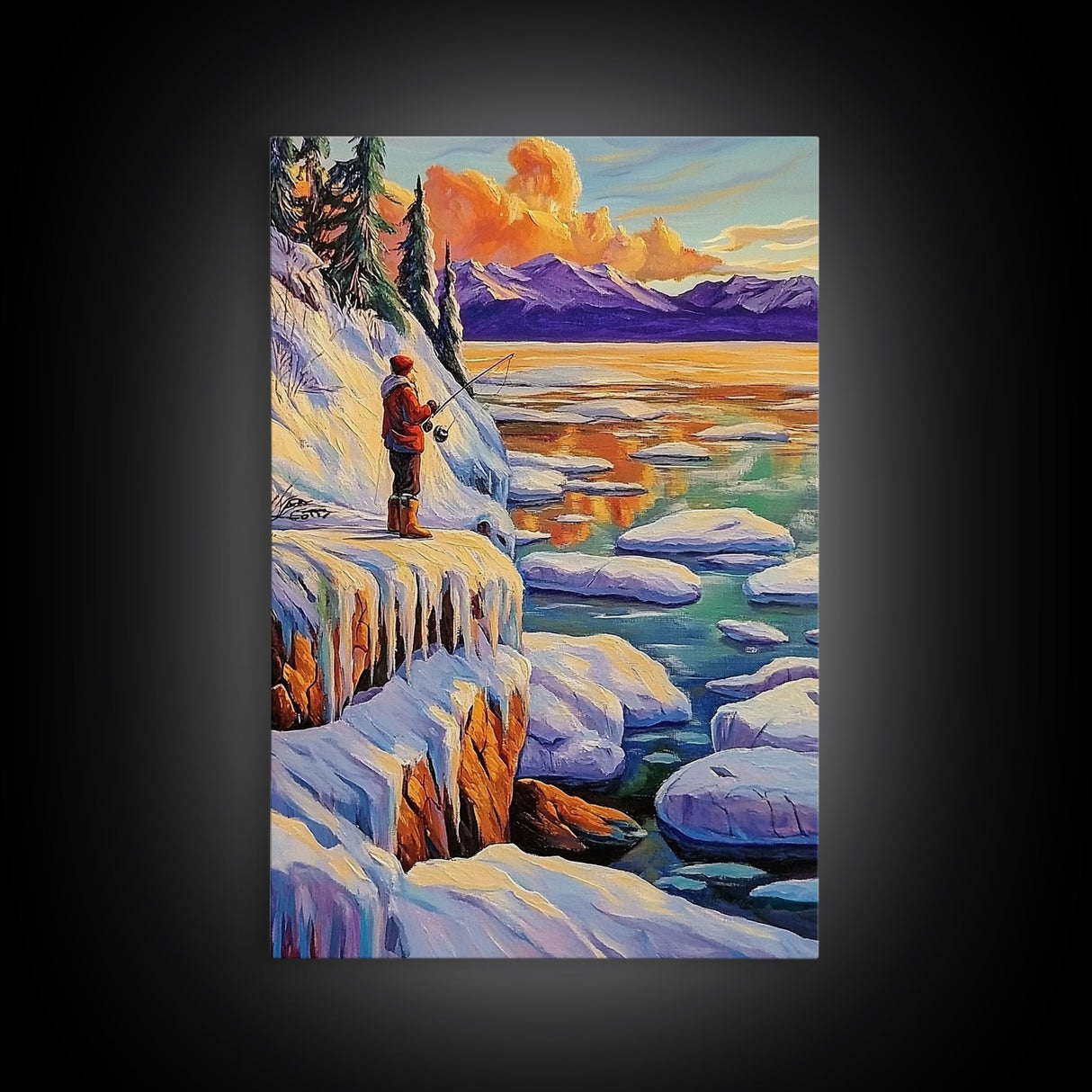 Winter Fishing, Snow, Landscape, Framed Canvas Print peaceful snowy fishing scene, winter mountain art, lodge or cabin living room wall decor