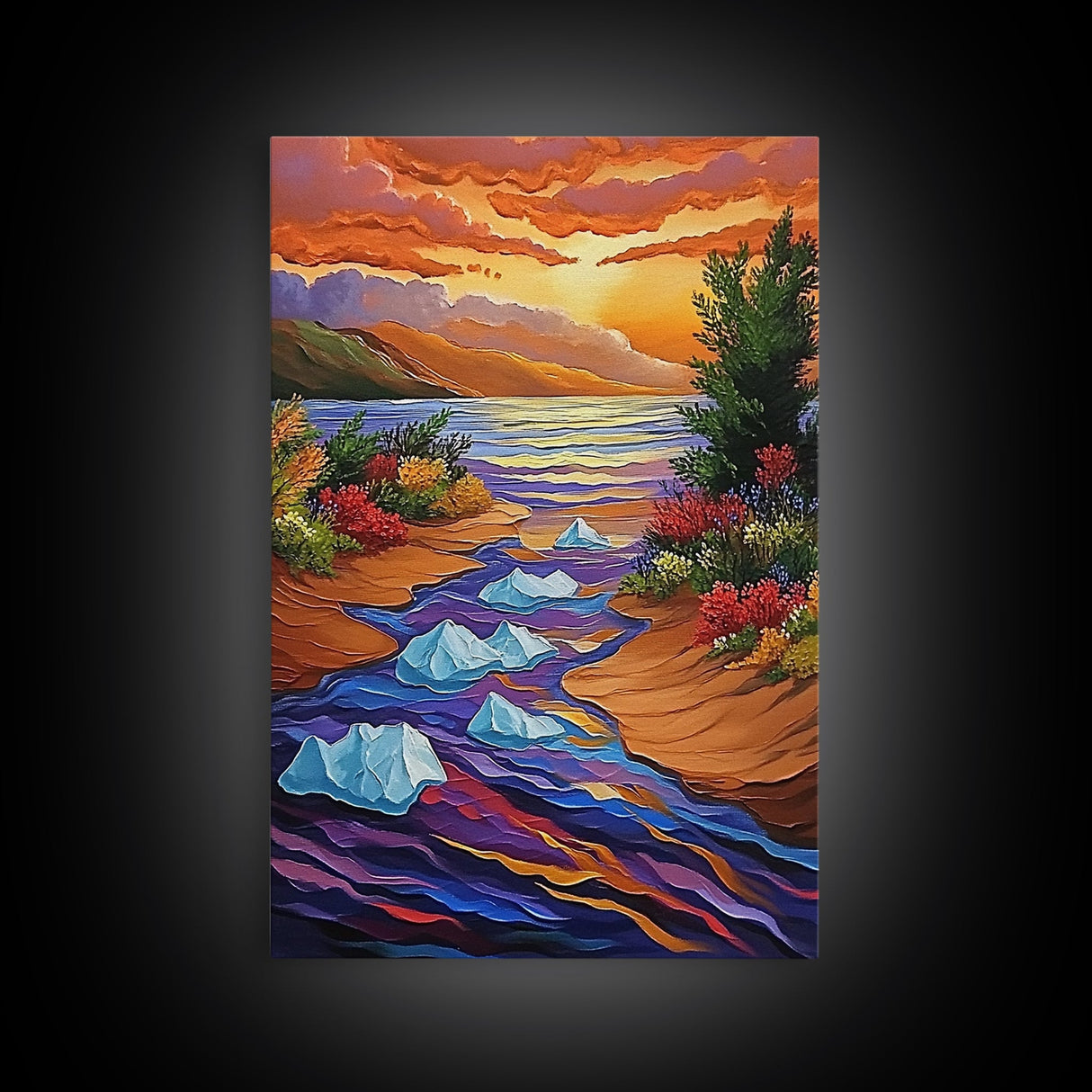 Icebergs River, Sunset, Autumn, Framed Canvas Print colorful autumn iceberg painting, vibrant sunset water flow, fall landscape wall art