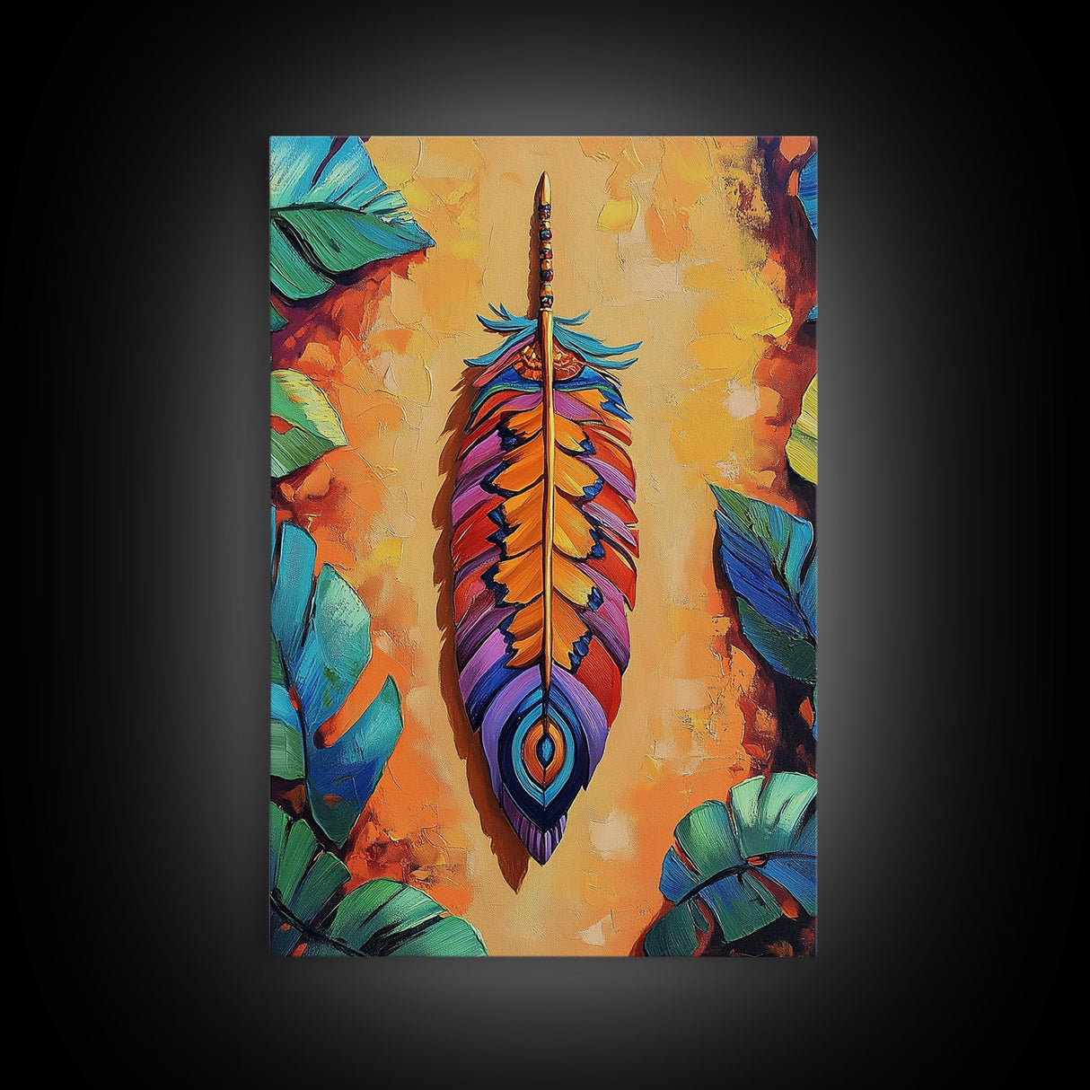 Bold Feather, Boho, Tropical, Colorful Framed Canvas Print, Eclectic Bedroom Wall Art, Boho Style Decor, Vibrant Southwest Wall Hanging