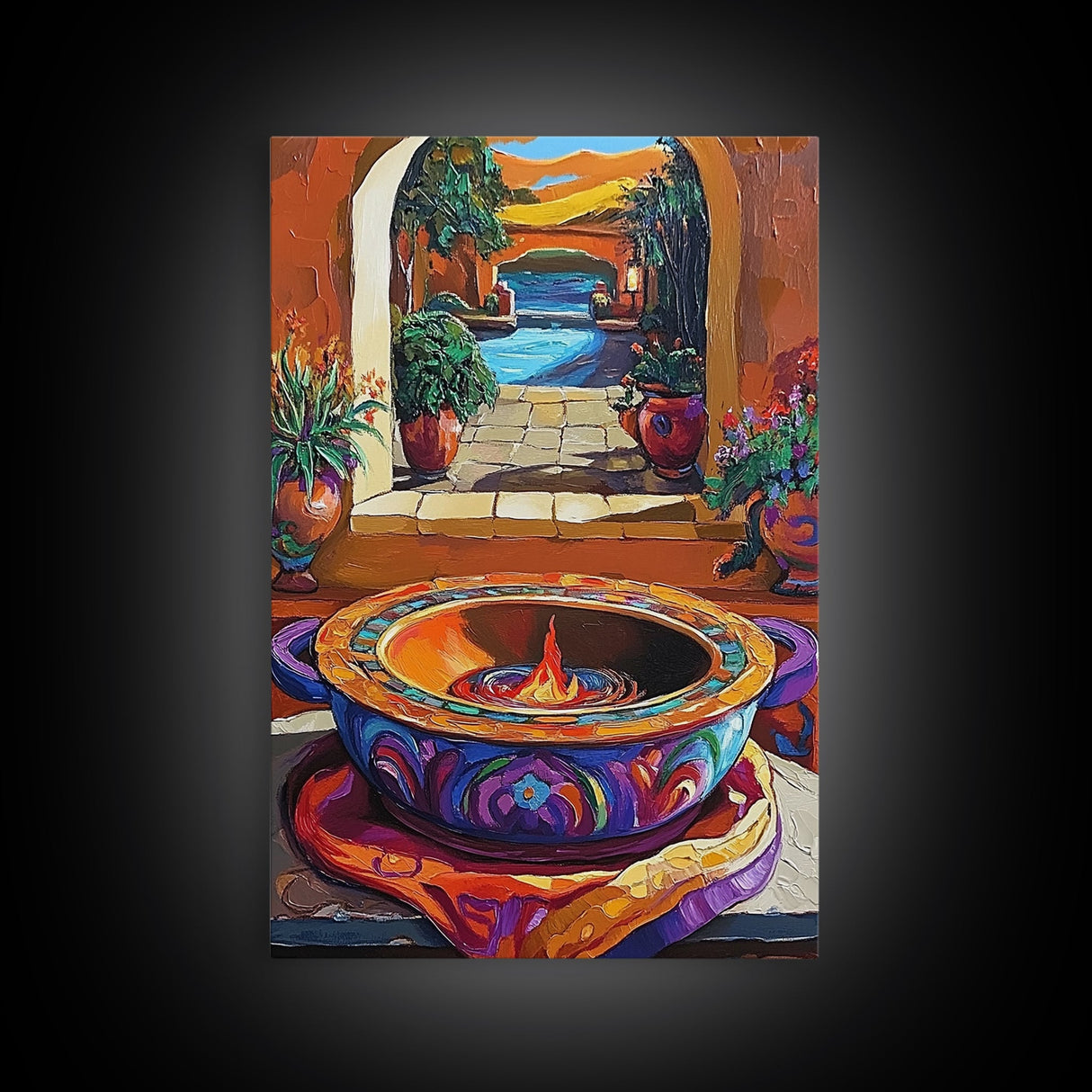 Fire Pottery, Patio, Colorful Framed Canvas Print, Rustic Kitchen Wall Art, Hacienda Style Decor, Bold Mexican Art, Autumn Home Accent