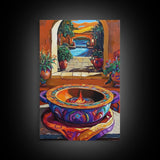 Fire Pottery, Patio, Colorful Framed Canvas Print, Rustic Kitchen Wall Art, Hacienda Style Decor, Bold Mexican Art, Autumn Home Accent
