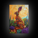 Bunny Cactus, Desert, Whimsical Framed Canvas Print, Eclectic Living Room Wall Art, Boho Southwest Decor, Colorful Animal Painting