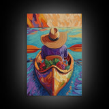 Hat River, Canoe, Bright Framed Canvas Print, Relaxing Boho Wall Art, Colorful Nature Lover Gift, Unique Summer Travel Vibes