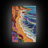 Cliff Shoreline, Ocean, Flowers, Framed Canvas Print, coastal boho art, colorful seascape, beach lover gift, bathroom or hallway art