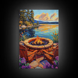 Firepit Chairs, Lake, Sunset, Framed Canvas Print, outdoor patio wall decor, rustic lakeside art, cozy fall cabin retreat artwork