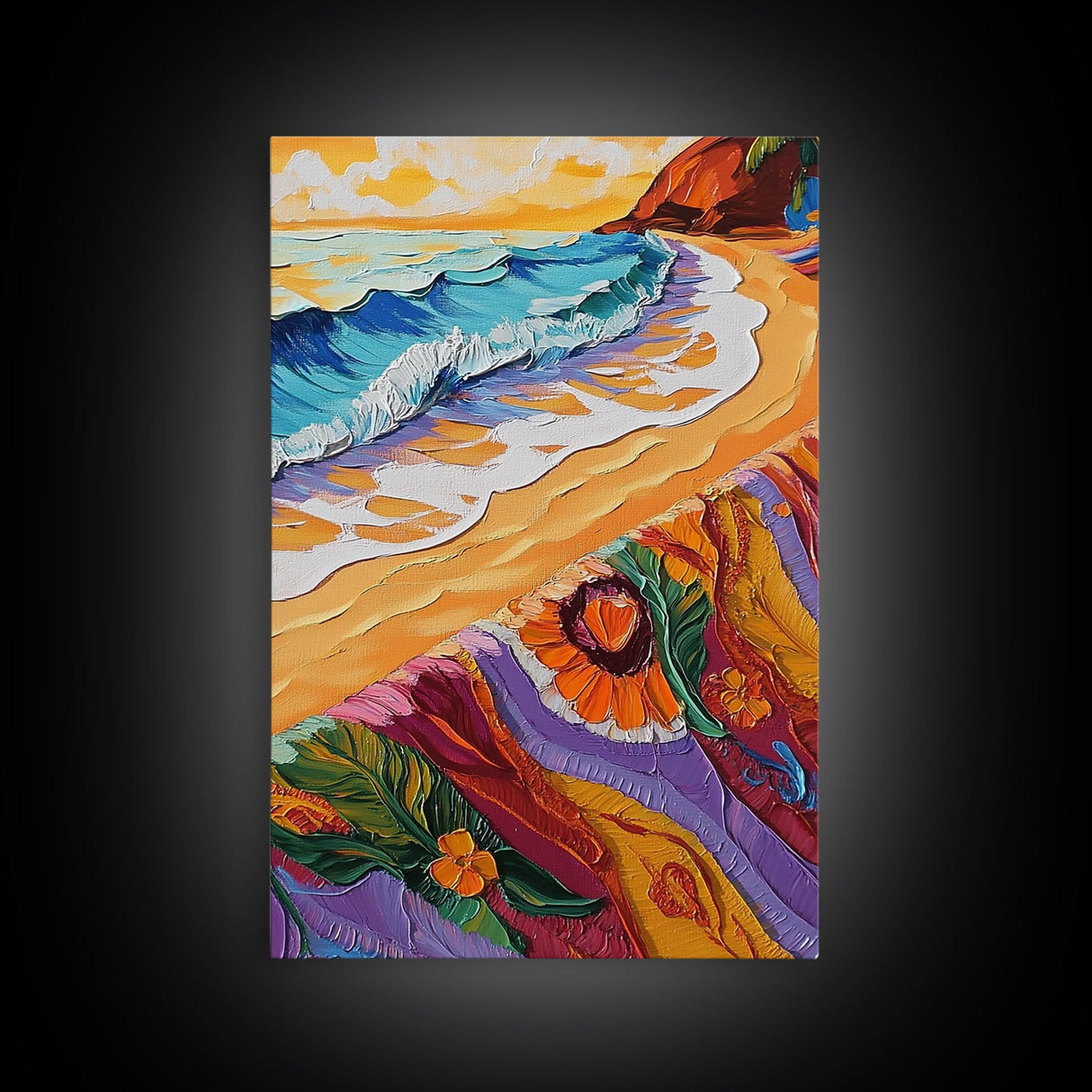 Shore Blanket, Waves, Golden, Canvas Print, tropical boho decor, beach sunset wall art, oceanview relaxation scene, summer bathroom decor