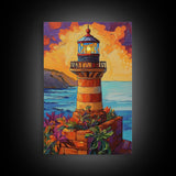 Lighthouse Ocean, Sunset, Boho, Framed Canvas Print, Lighthouse Wall Art, Coastal Decor, Nautical Sunset Canvas, Living Room Boho Artwork