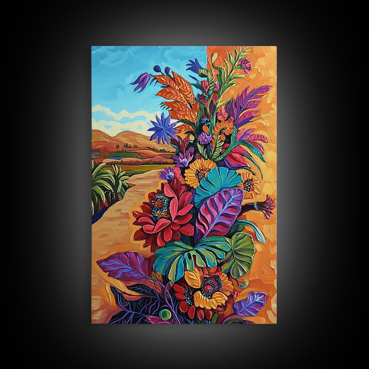 Desert Blooms Roadside, Boho, Framed Canvas Print, Wild Desert Bloom Art, Colorful Flower Canvas, Garden Wall Decor, Southwest Living Room