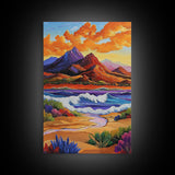 Mountain Coast, Sunset, Bold Desert Landscape Painting, Nature Adventure Art, Office Wall Decor, Framed Canvas Print