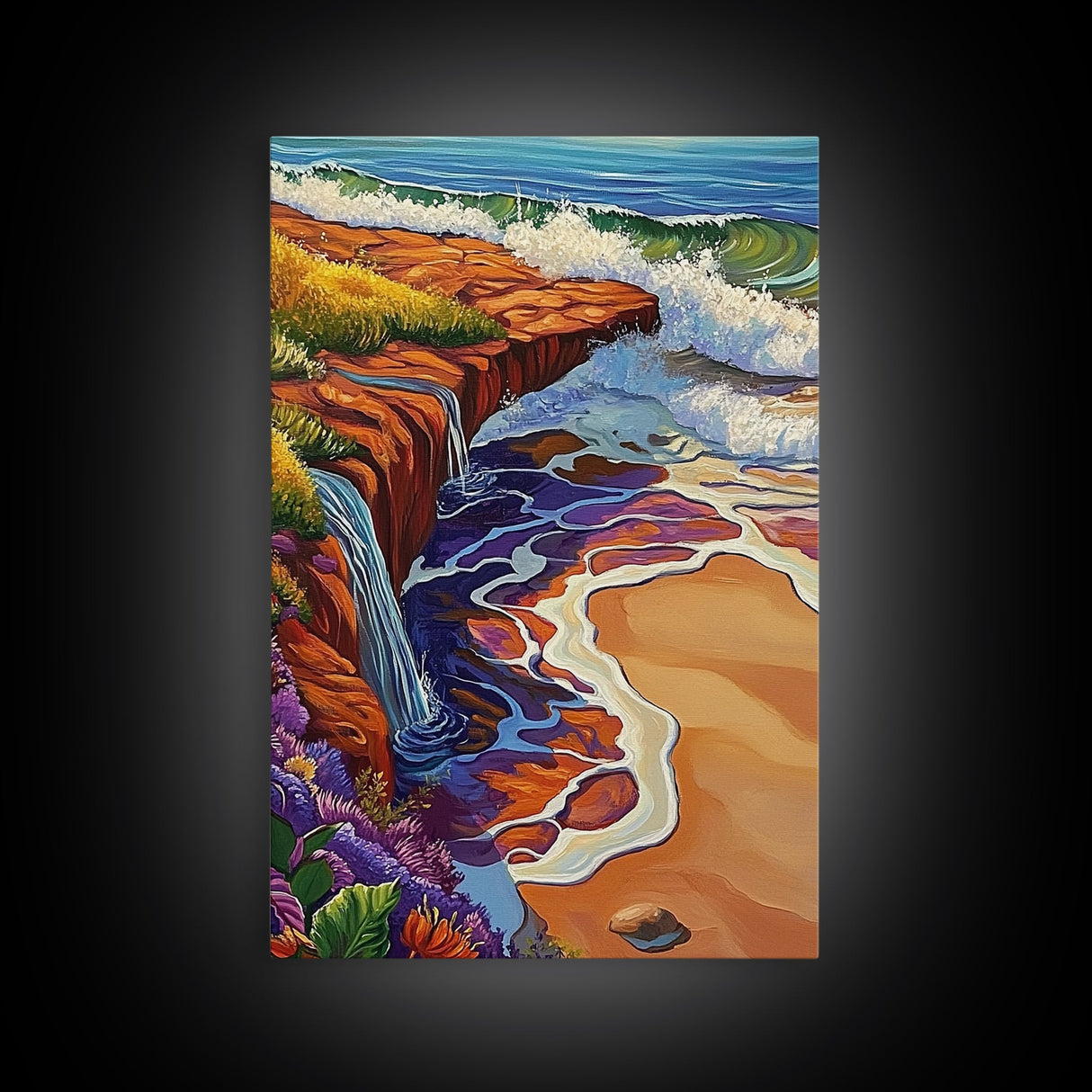 Waterfall Beach, Sunset, Coastal Landscape Framed Canvas Print, Colorful Ocean Wall Decor, Living Room Coastal Art, Seaside Painting