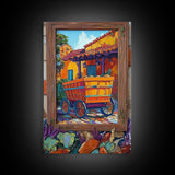 Rustic Wagon, Village, Colorful House Framed Canvas Print, Southwest Home Decor, Farmhouse Kitchen Wall Art, Mexican Art Style