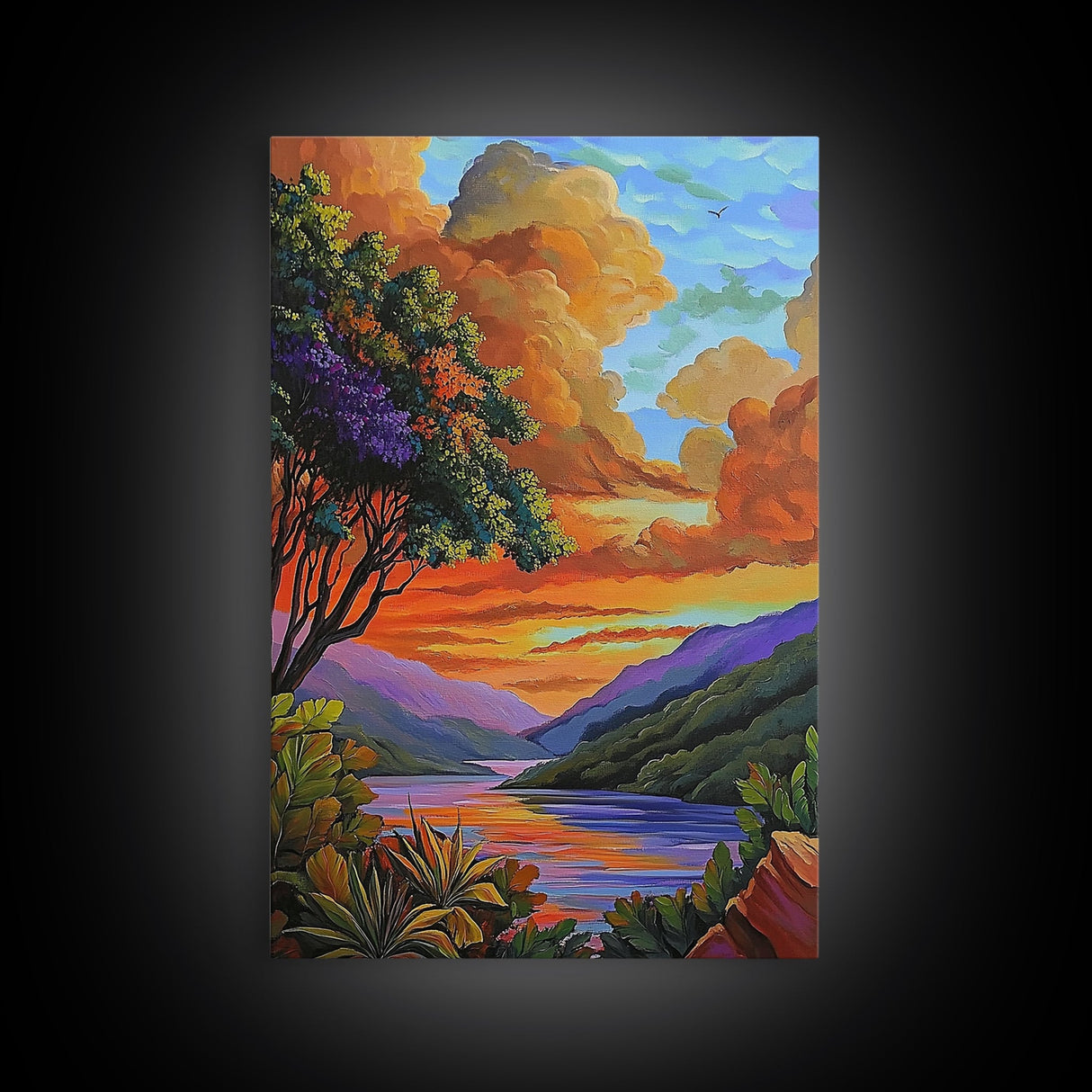 Sunset Lake, Tree, Vivid Nature Framed Canvas Print, Autumn Scenic Wall Art, Bedroom Fall Landscape Decor, Impressionist Style
