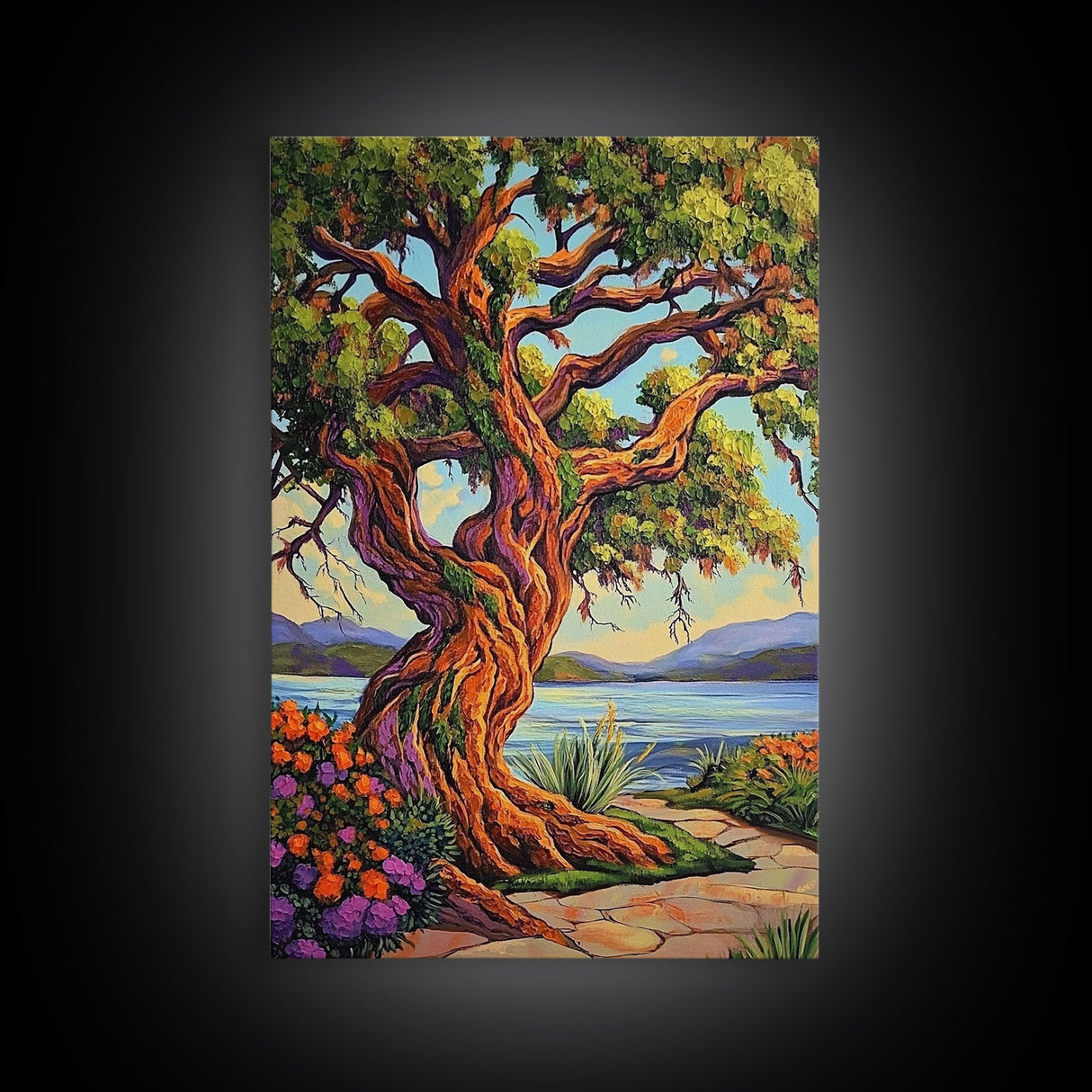 Majestic Tree, Lakeside, Sunset Canvas Print, Nature Lover’s Wall Art, Cabin Living Room Decor, Whimsical Landscape Painting