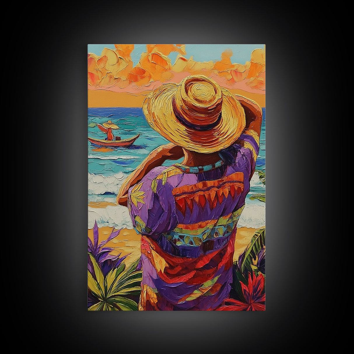 Seaside Man, Sunset, Framed Canvas Print, Vibrant beach artwork, coastal boho decor, hallway wall art, Mexico travel scene painting