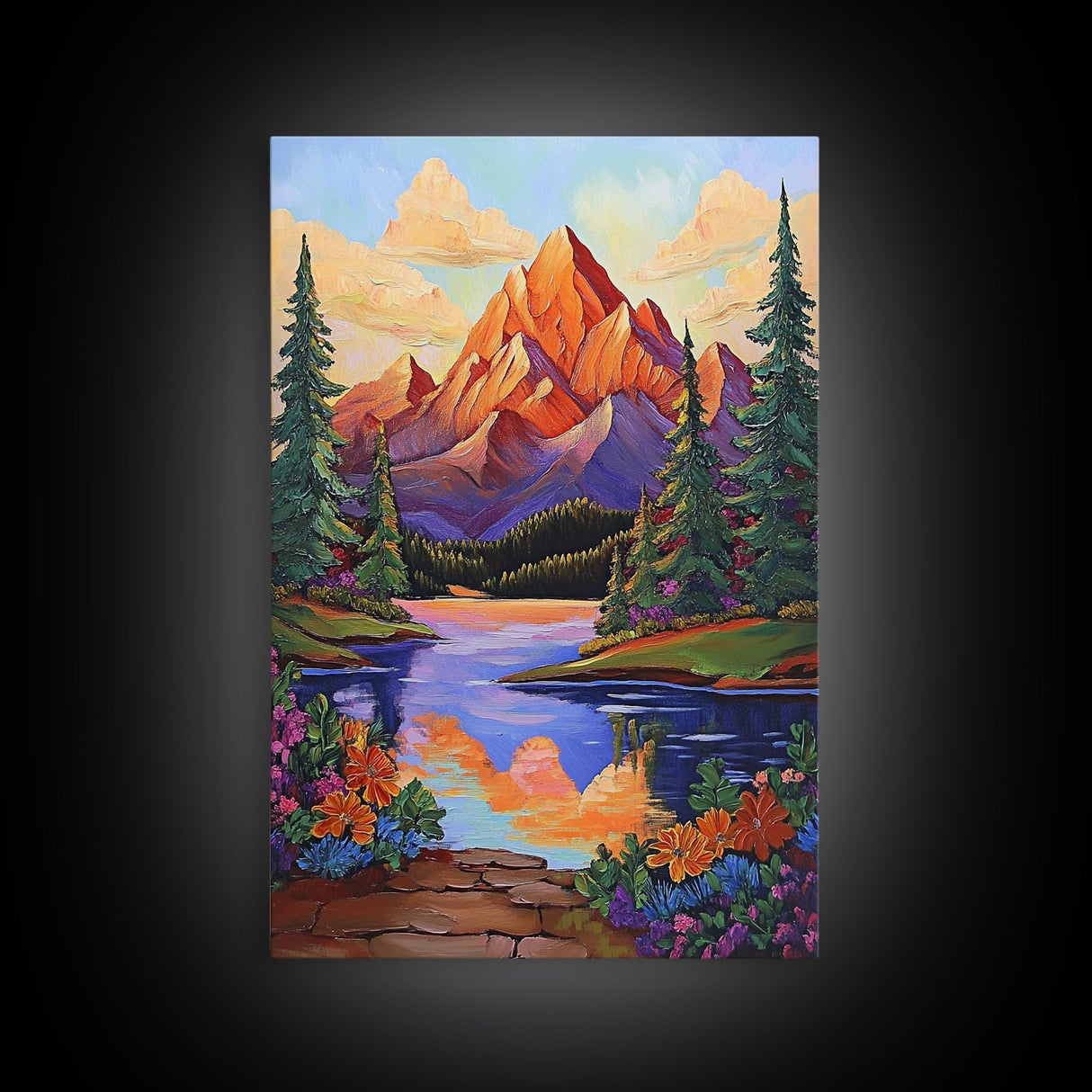 Mountain Sunset, Floral, Lakeview Framed Canvas Print, Bold Nature Landscape, Entryway Autumn Art, Vibrant Boho Wall Decor