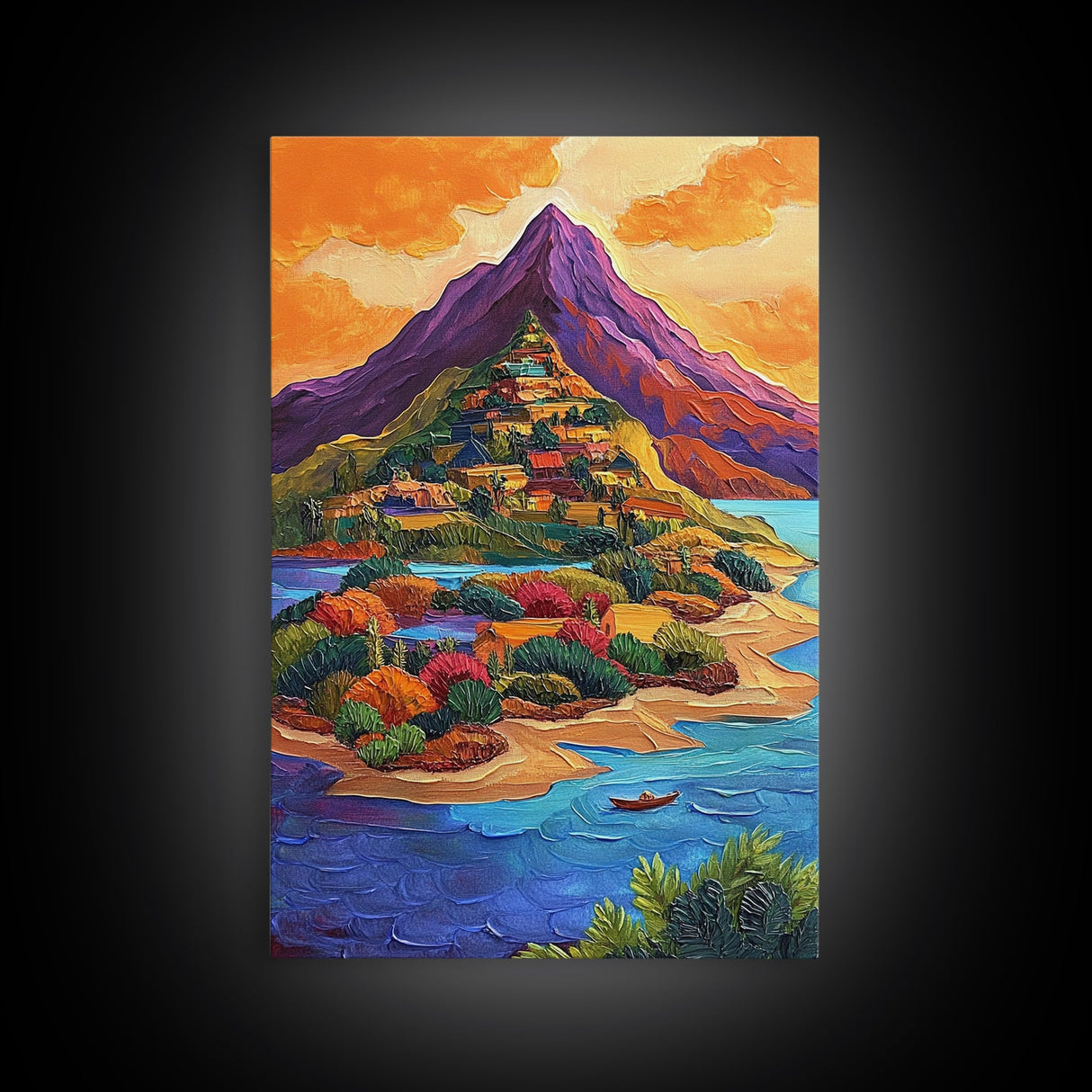 Mountain Village, Sunset, Adventure, Framed Canvas Print, Bright Landscape Wall Art, Colorful Home Decor, Eclectic Living Room Art