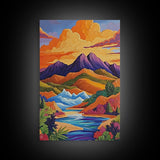Sunset River, Mountain, Scenic, Framed Canvas Print, Bold Landscape Art, Modern Boho Wall Decor, Nature Scene Living Room Accent