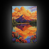 Mountain Reflection, Lake, Sunset, Framed Canvas Print, Vibrant Nature Wall Art, Rustic Cabin Decor, Bold Sunset Landscape Painting