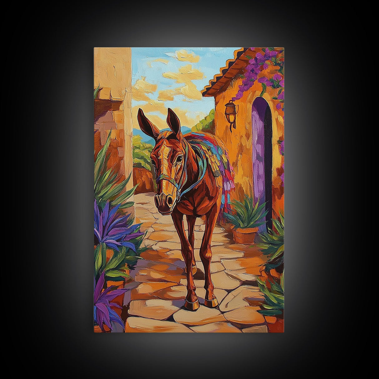 Donkey Village, Rustic, Whimsy, Framed Canvas Print, Southwestern Farmhouse Decor, Colorful Animal Wall Art, Entryway Accent Piece