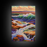 Waves Rocky, Shoreline, Sunset, Framed Canvas Print, Coastal Nature Art, Vibrant Seascape Wall Decor, Bathroom or Living Room Art
