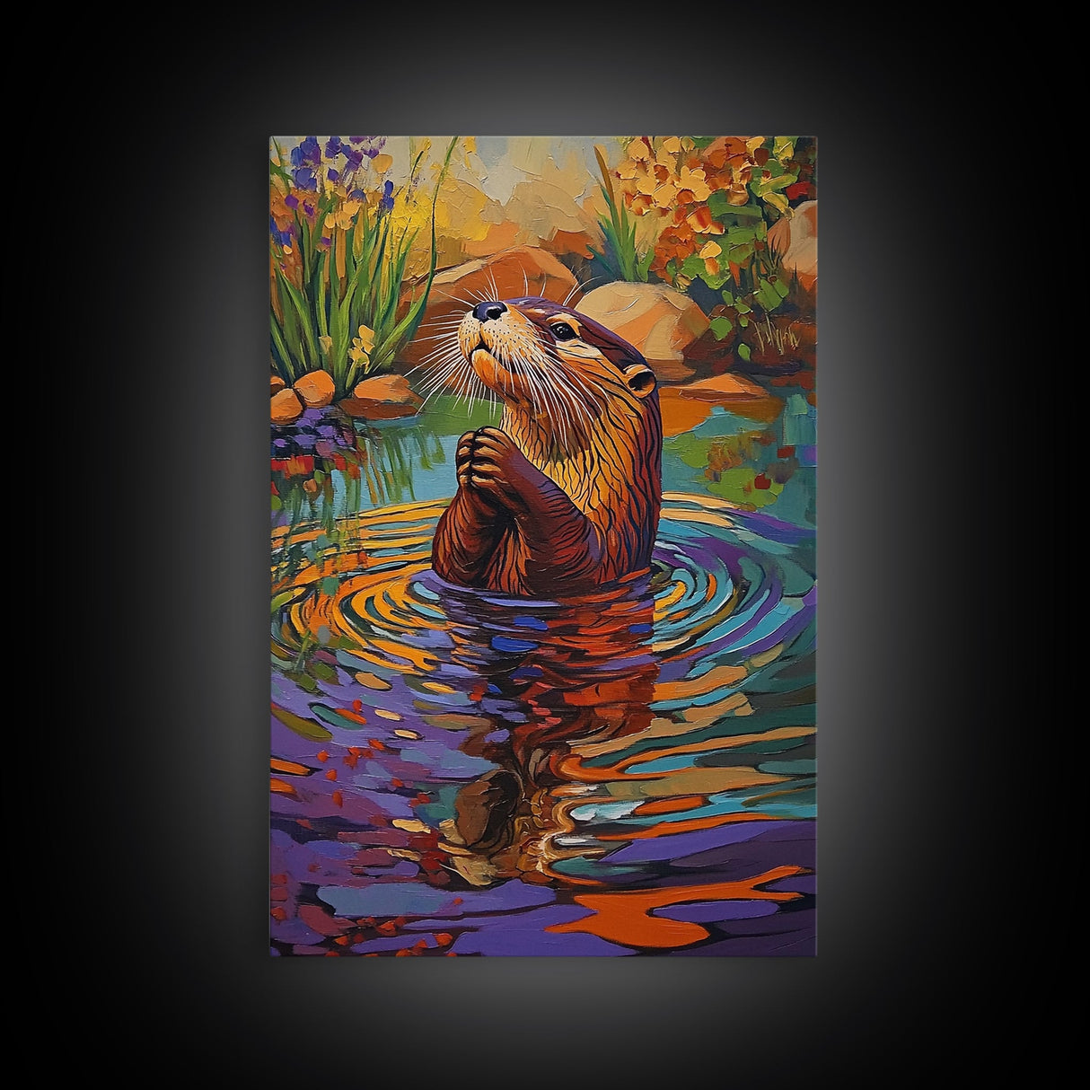 Whimsical Otter Art, Animal Lover Gift, Vibrant Nature Print, Wildlife Decor, Framed Canvas Print, Nursery Wall Art, playful artwork