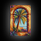 Palm Tree, Tropical Window, Coastal Home, Framed Canvas Print, beach wall art, boho art, Mediterranean decor, Kitchen Wall Art