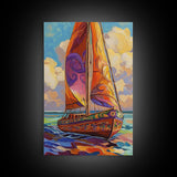 Sailboat Painting, Ocean Breeze, Colorful Nautical, Sunset Boat, Framed Canvas Print, Coastal Wall Art, beach house decor, vivid art