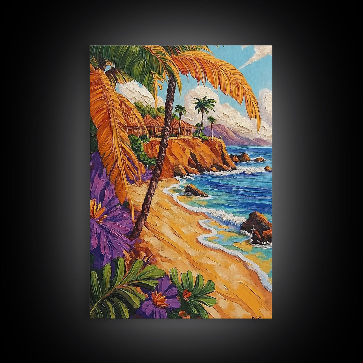 Tropical Beach, Huts, Framed Canvas Print, Island paradise artwork, palm tree coastal decor, bathroom or entryway art, boho summer scene