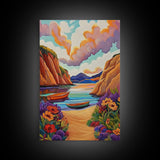 Sunset Boats, Tranquil Cove, Coastal Wall Decor, Framed Canvas Print, Beach House Art, Pastel Sky Painting, Colorful Nautical Art