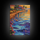 Waterfront Glow, Sunset Village, Palm Colors, Tranquil Scene, Framed Canvas Print, Dining Room Wall Art, Coastal Home Decor, Tropical Vibes