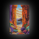 Hidden Cove, Rocky Entry, Ocean View, Sunset Moment, Framed Canvas Print, Bedroom Wall Art, Seaside Fantasy, Desert Coastal Decor