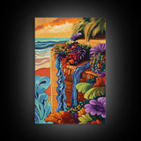Tropical Garden Waterfall, Coastal Wall Art, Sunset Jungle Scene, Framed Canvas Print, Vibrant Nature Painting, Living Room Boho Art