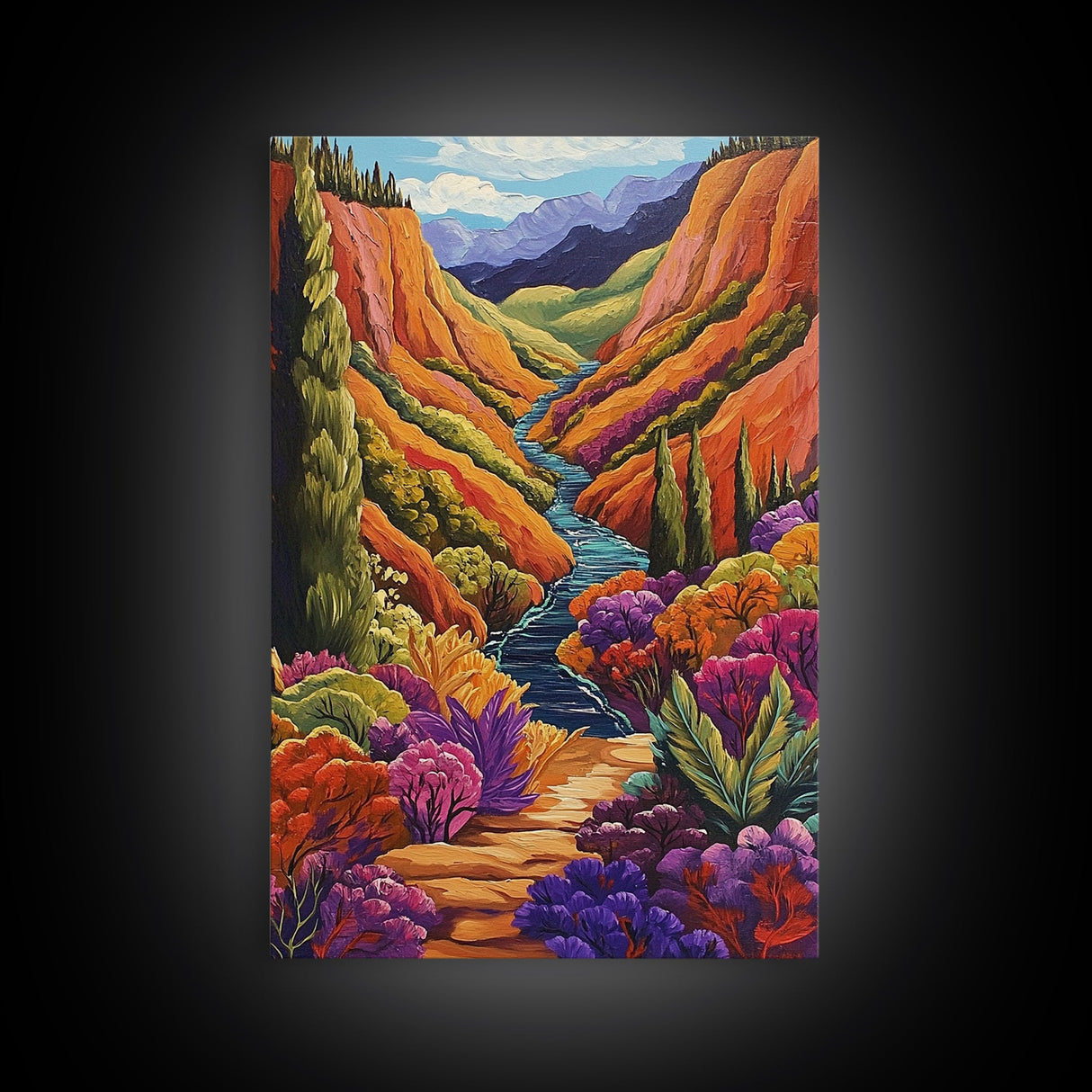 Vibrant Canyon Trail, Fall Mountainscape Art, Colorful Nature Painting, Canvas Print, Autumn Decor, Rustic Cabin Wall Art, Boho Vibe