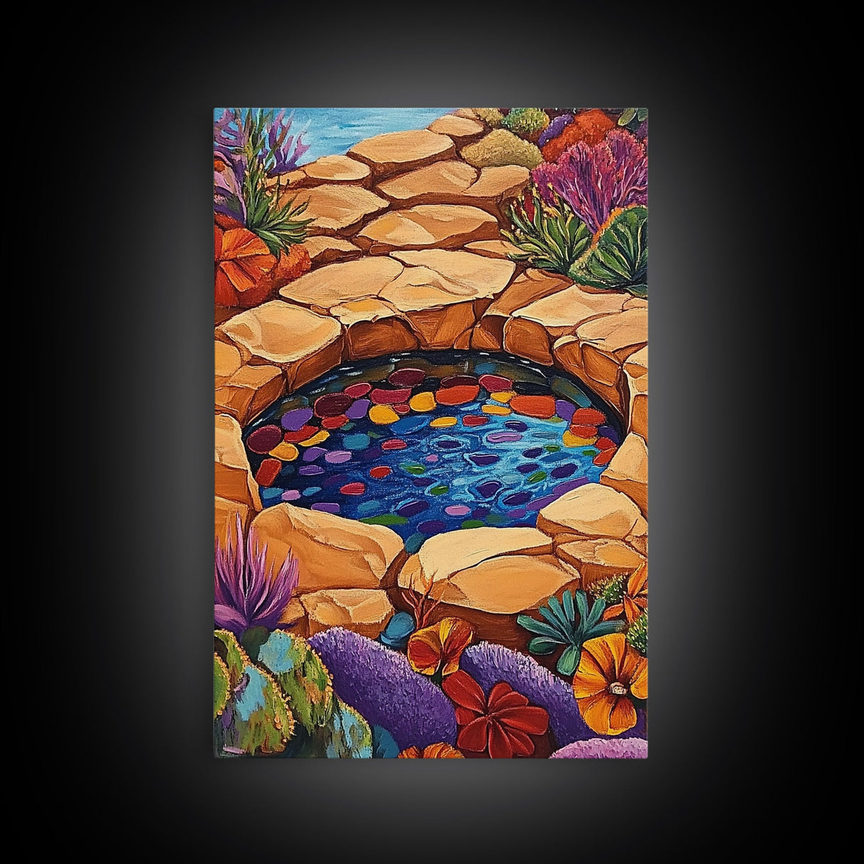 Stone Pool Oasis, Desert Garden Art, Colorful Rock Pond Scene, Framed Canvas Print, Bathroom Wall Decor, Bohemian Nature Art