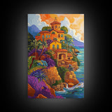 Sunset Mission by Sea, Spanish Coastal Church, Tropical Mountain View, Framed Canvas Print, Living Room Art, Bold Wall Statement